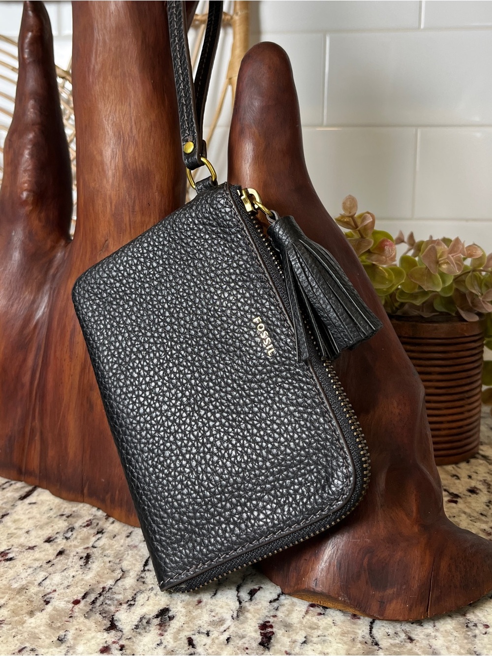 Fossil Black Pebbled Leather Tassel Wristlet